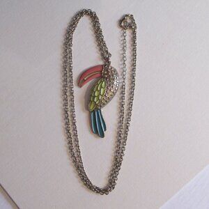 Toucan Colourful Enameled Pendant, Extra Long 40" Necklace, Gold accent,